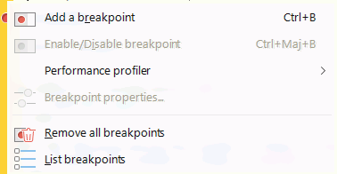 Popup menu of breakpoints