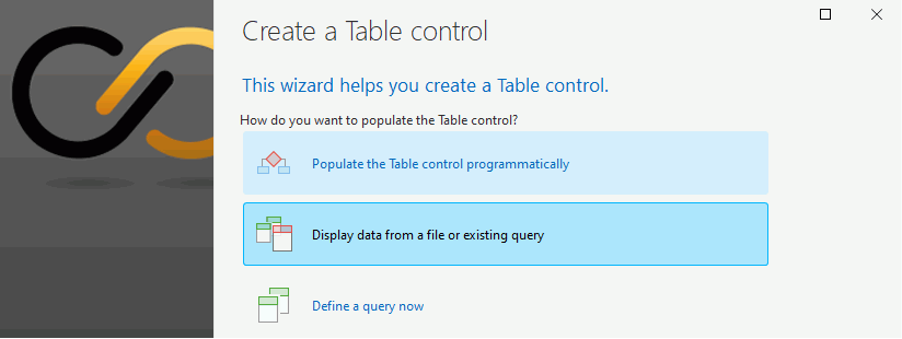 Table control creation wizard