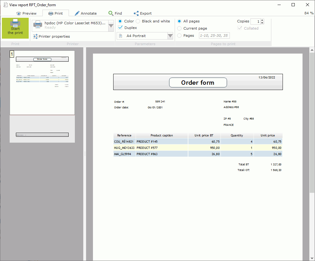 Order form (print preview in WINDEV)