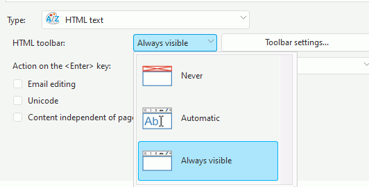 Selecting the display mode of the formatting toolbar