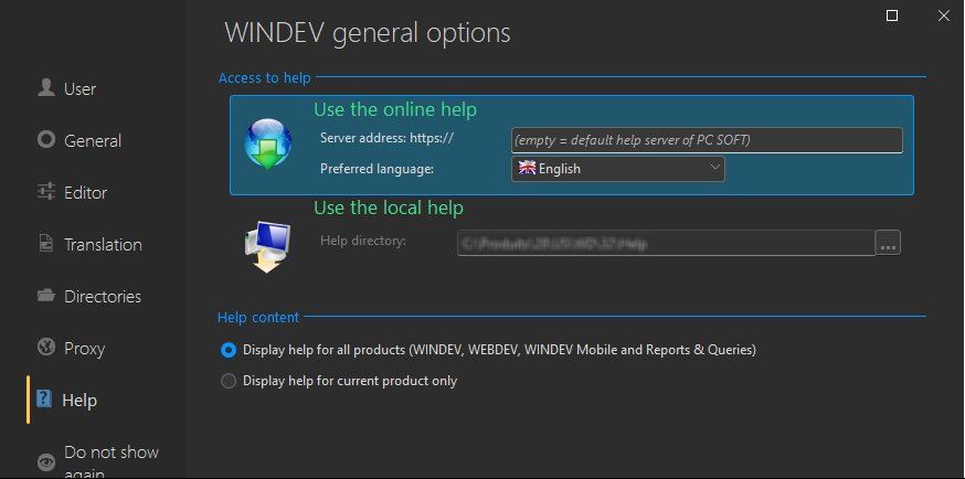 General options of WINDEV