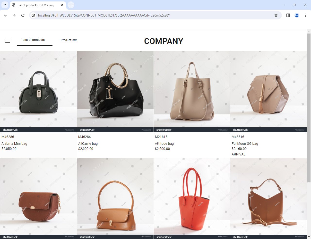 Web page with the list of products