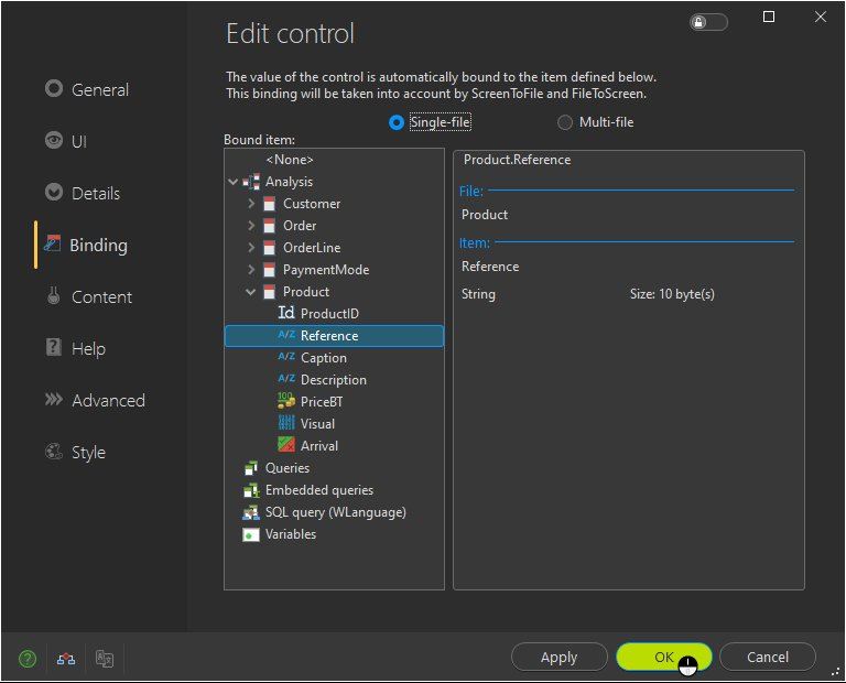 Reference control description ('Binding' tab)