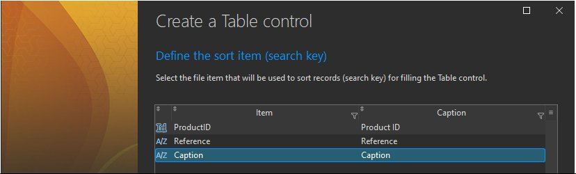 Table control creation wizard
