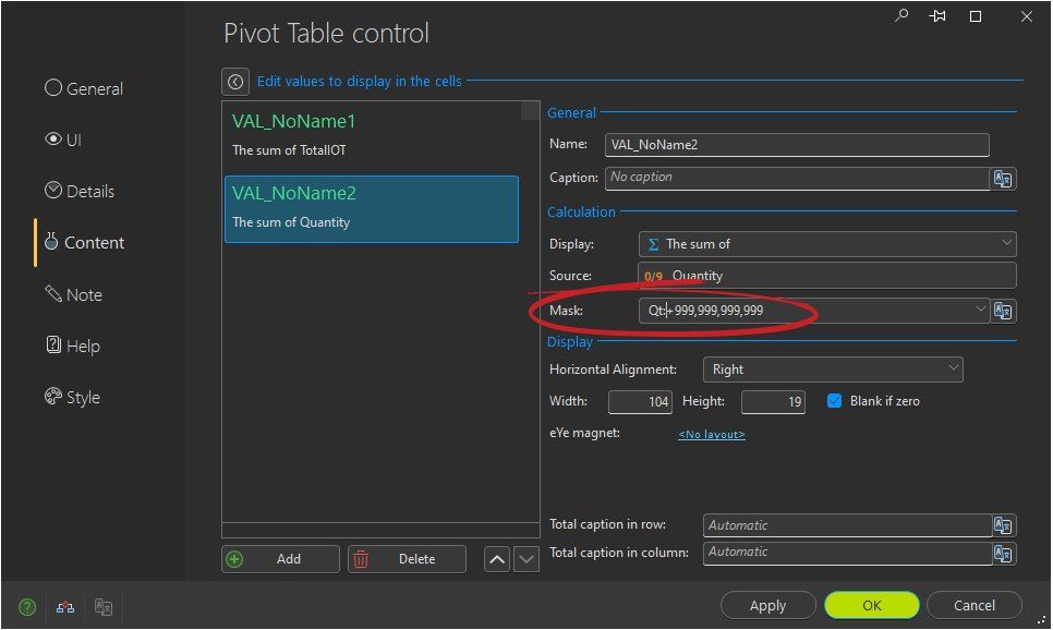 Pivot Table control description