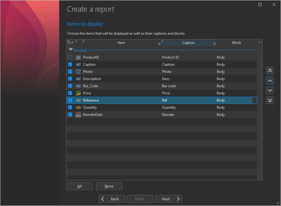 Report creation wizard - Items to display