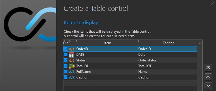Table control creation wizard - Selecting the items to display
