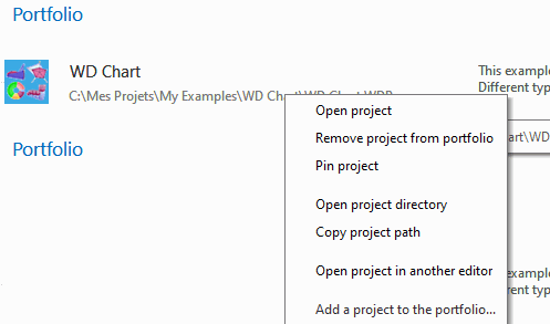 Project popup menu